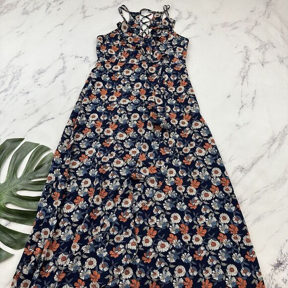 Molly Bracken Womens Maxi Dress Size L Blue Orange Floral Ruffles Faux Wrap - Picture 1 of 10